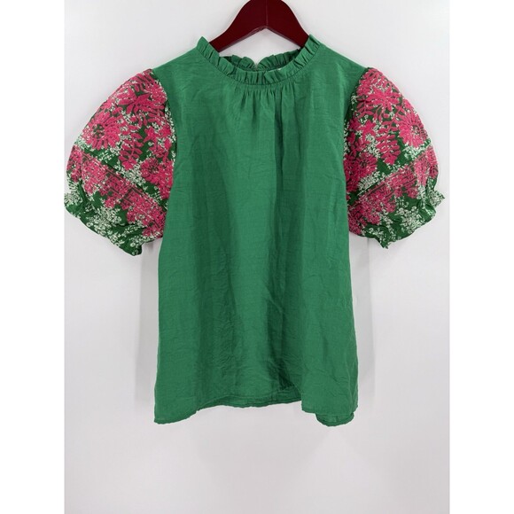 THML Embroidered Puff Sleeve Top Ruffle Neck Button Back Green Pink SMALL EUC - Picture 9 of 13